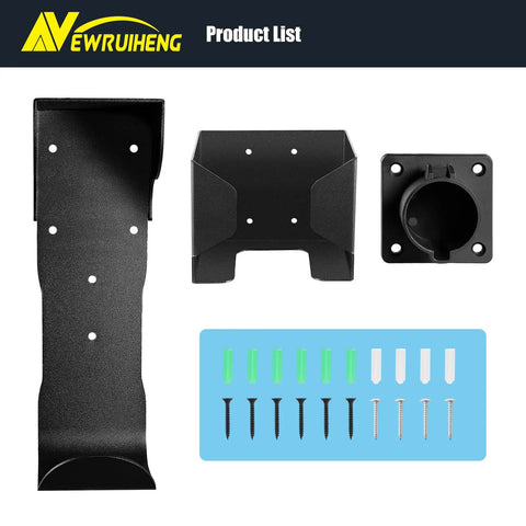 Wall Mount EV Charger Holder With SAE J1772 Nozzle Holster And Cable Organizer Plus Control Box Dock for installation, black metal components.