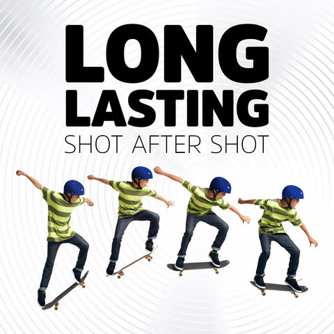 Four images of a boy skating wearing a helmet, showcasing dynamic skateboard tricks while promoting Six Pack Top Notch 3V Lithium Batteries That Bring Serious Heat For Your Cameras And Smart Home Gadgets Zero Toxic Leakage Or Midshot Failures Straight Up Engineered To Last Up To Ten Years In Storage.