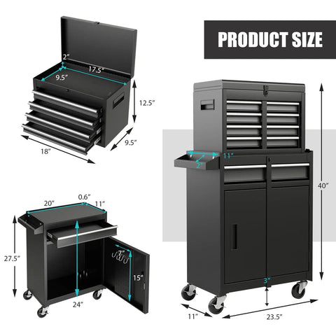 Five Drawer Rolling Tool Chest With Detachable Top Box, Locking Wheels, Adjustable Shelves, Liner, Heavy Duty Metal Tool Cart