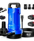 Heavy Hitter Cordless Submersible Utility Pump With 1Hp Brushless Motor Shifts 2113Gph Swiftly Battery Powered Transfer Pump showing accessories and charger.