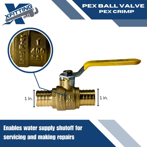 10 Pack PEX Barb 1 Inch Ball Valve With Yellow Handle, Full Port Brass Ball Valve For PEX Tubing, shown in close-up with details.