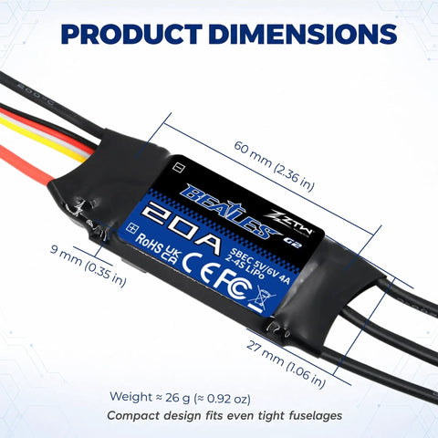 Dimensions of Beatles G2 20A Brushless ESC For RC Airplanes 2 To 4S With Built-In Switching BEC 5V And 6V 4A