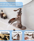 Copper Waterfall Bathroom Faucet With Antique Brass Finish For Vintage Style Bathrooms, Single Hole Sink Tap, Solid Brass Construction