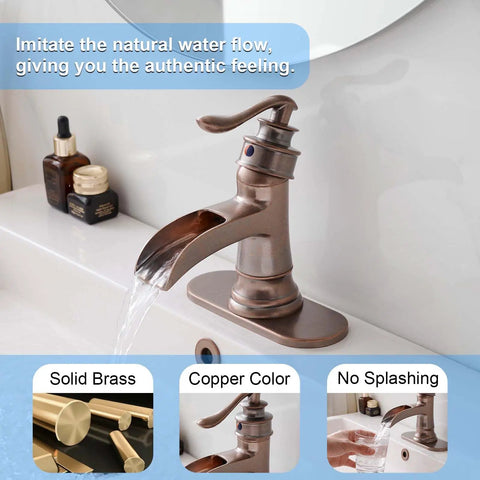 Copper Waterfall Bathroom Faucet With Antique Brass Finish For Vintage Style Bathrooms, Single Hole Sink Tap, Solid Brass Construction