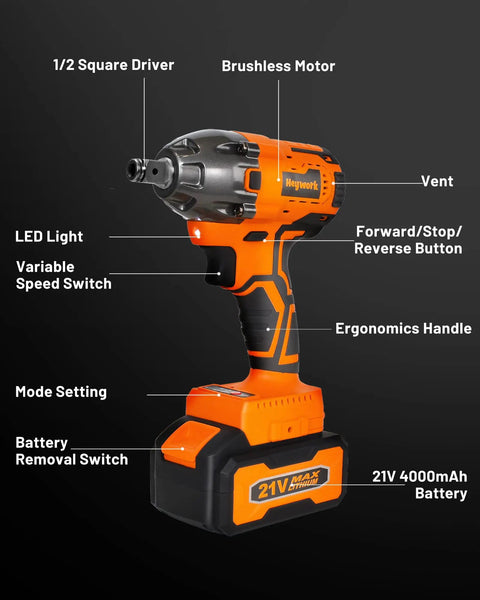 Cordless One Half Inch Impact Wrench Kit With 260 Ft Lbs Torque And 3700 RPM Beast Power 21V Drill Driver Set side view details