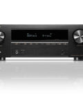 Front view of 7.2 Channel AV Receiver With Built-In HEOS And 8K HDMI Dope Wireless Streaming Dolby Atmos HDR10 Plus Dynamic HDR DTS X WiFi And Bluetooth Plug And Play Setup For Small To Medium Rooms And Smart Home Vibes, featuring sleek black design with control knobs and remote.