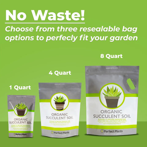 Resealable bags of Organic Succulent Soil in 1, 4, and 8 quart sizes for optimal drainage and dry conditions growth.