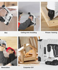 Person using 20V Cordless Brad Nailer And Staple Gun 18 Gauge 2 In 1 Nail Gun For Upholstery And Carpentry Battery Powered