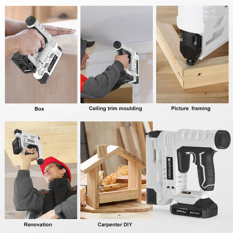 Person using 20V Cordless Brad Nailer And Staple Gun 18 Gauge 2 In 1 Nail Gun For Upholstery And Carpentry Battery Powered