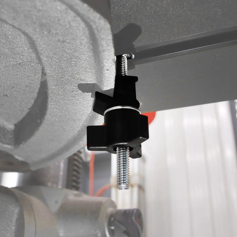 Drill Press Table With Adjustable Aluminum Fence, Flip Stop, And Replaceable Insert for 12 inch and larger drills, quick clamp view.