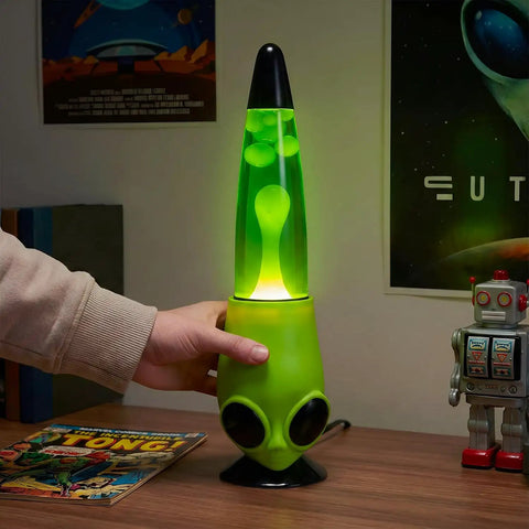 13 Inch Alien Head Wax Motion Lamp With Swirling Color Lights on a desk, enhancing room ambiance with a sci-fi touch.