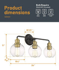 3 Light Vanity Light For Bathroom Over Mirror In Matte Black And Antique Brass With Clear Glass Shades dimensions