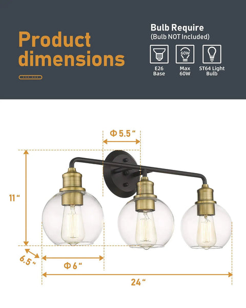 3 Light Vanity Light For Bathroom Over Mirror In Matte Black And Antique Brass With Clear Glass Shades dimensions