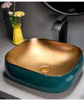 Killer Top Shelf Porcelain Vessel Sink For Above Counter Bathroom Vanity Heavy Duty Ceramic Art Basin compact with golden interior.