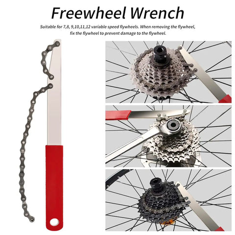5 Piece Bike Cassette Removal Tool Set With Chain Whip And Auxiliary Wrench Pro Grade Freewheel And Lock Ring Remover Sprocket Extractor Bicycle Gear Tool Kit showing chain whip and sprocket use