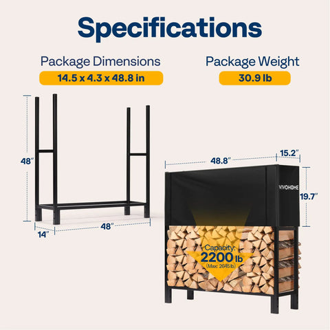 Heavy Duty Four Foot Firewood Rack Workhorse With Cover Set, One Quarter Cord Capacity, Thick Steel Tubes, Dimensions Display