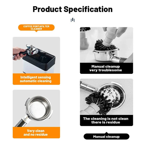 Electric Portafilter Cleaner Slaps Coffee Grounds Out Of Your Filter Effortlessly, showing automatic coffee cleanup features.