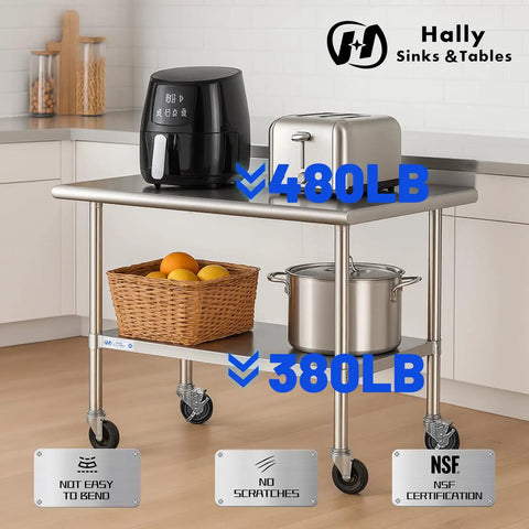 Stainless Steel Prep And Work Table 24 By 48 Inches With Caster Wheels NSF Certified Pro Grade Beefy Heavy Duty Undershelf And Backsplash For Restaurant Home And Hotel, shown with kitchen items.