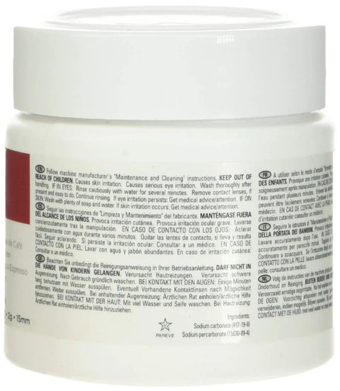 Back of jar with instructions for Espresso Machine Cleaner and Descaler Tablets, 60 Count, Deep Clean Group Heads and Lines