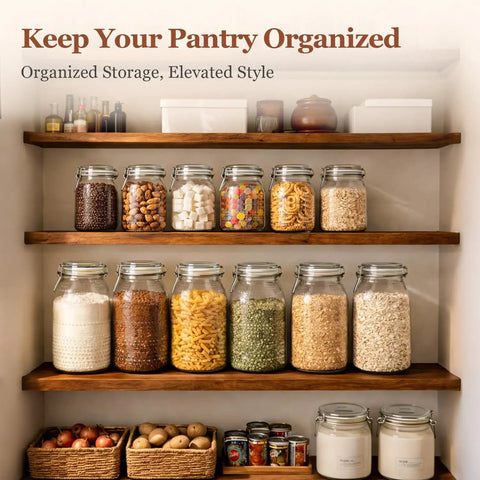 Glass Canister Set 34 Oz Each, 3 Pack Clear Jars on pantry shelves holding various dry goods