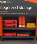 Shop Ready CNC Tool Holder Cabinet With Door, Heavy Duty Machinist Workshop Parts Chest with organized red storage cases and tools.
