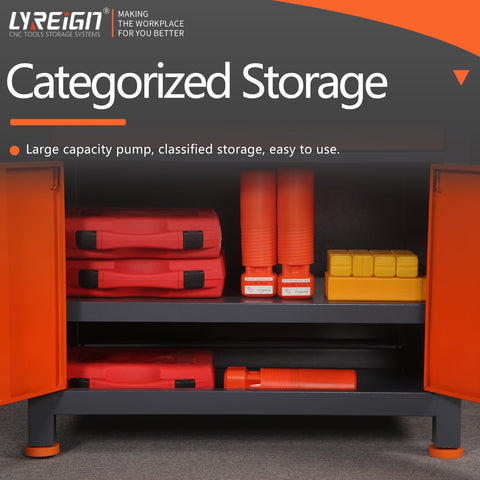 Shop Ready CNC Tool Holder Cabinet With Door, Heavy Duty Machinist Workshop Parts Chest with organized red storage cases and tools.
