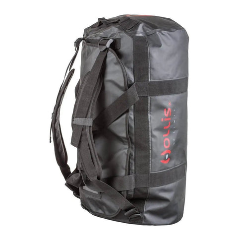 Rugged Tarpaulin Duffle Bag For Dive Gear With D Zip Main Compartment Internal Zippered Pocket visible with backpack straps
