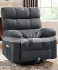 Black 360 Degree Swivel Rocker Recliner For Adults Comfy Space Saving Manual Glider Chair With Side Pockets in living room