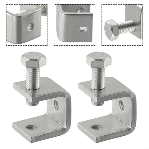 Heavy Duty Stainless Steel C Clamp Set for Welding and Metalwork, Rust Resistant Desk Clamps shown in close-up with threaded holes