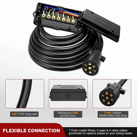 Heavy Duty 7 Way Inline Trailer Plug With 16 Feet Copper Blade Connector Cable Wiring Harness and Weatherproof 7 Pole Junction Box.