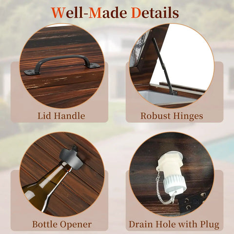 Close-up details of 54 Quart Rolling Cooler Cart With Pine Wood Frame, showing lid handle, hinges, bottle opener, and drainage plug.