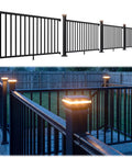 Rock Solid Modular Aluminum Deck Railing Kit With Built In Lighting 36 By 6 Feet Four Pack highlighting solar posts at dusk.