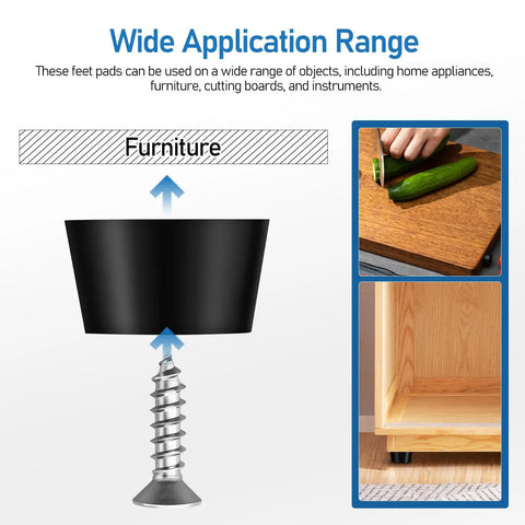 Non Slip Black PVC Furniture Pads Set With Metal Washers showing application on furniture and cutting boards