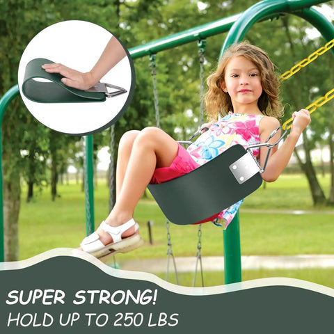 Child on green Heavy Duty Backyard Swing Seat For Kids And Adults, 30.4 Inch Long By 6 Inch Wide, with metal triangle ring