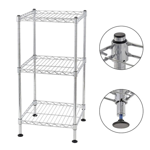 Adjustable Three Tier Corner Storage Rack With Steel Wire Shelves for Industrial Kitchen Display and Bathroom Organization, space saving