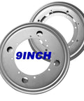 Built Tough Nine Inch Lazy Susan Hardware Kit With Square Rotating Bearing Plate and Smooth Operator 360 Degree Swivel Turntable Base for Kitchen Cabinets and Display Shelving, showing two 9 inch galvanized steel swivel bases.