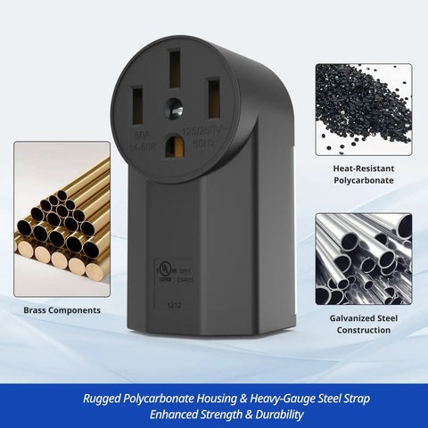 Heavy Duty Nema 14-50r Receptacle 50amp 125/250v 3 Pole 4 Wire Surface Mount Outlet UL Listed For Ev Chargers Rv Hookups Galvanized Steel Black close-up
