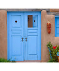 Gecko Shaped Door Pull Handles Set Of 2 In Rustic Dark Coffee Cast Iron on blue Southwestern-style double door exterior.