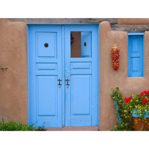 Gecko Shaped Door Pull Handles Set Of 2 In Rustic Dark Coffee Cast Iron on blue Southwestern-style double door exterior.