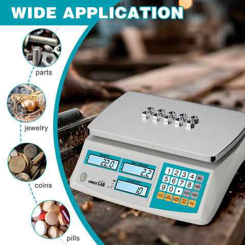 Heavy Duty Digital Counting Scale Delivers Point One Gram Precision Alongside Thirty Three Pound Capacity with coins and jewelry sorted.