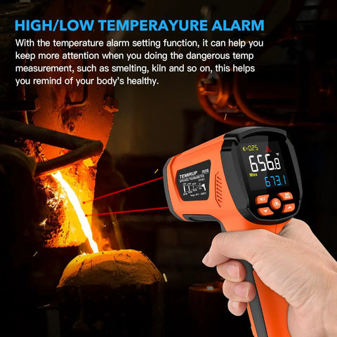 Non Contact Infrared Thermometer Gun With Dual Laser And Thermocouple Probe, 50 To 1 Pyrometer, From -40F To 3632F, adjustable emissivity, checking molten metal