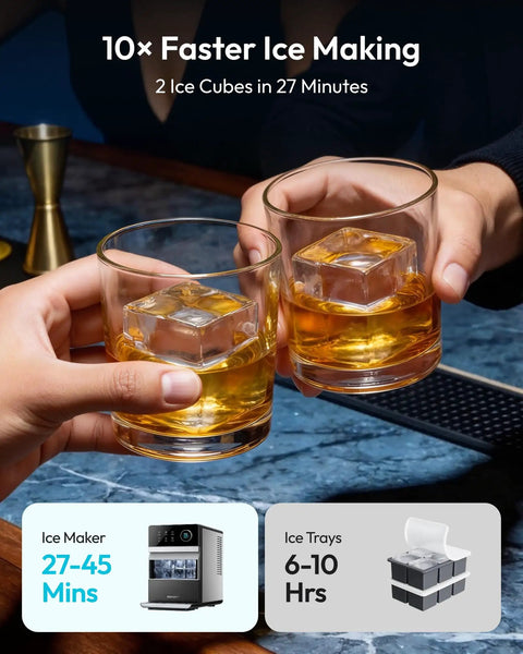 Two glasses with crystal clear ice cubes, enjoying drinks made with Top Counter Ice Cube Maker App Enabled Produces 110 Massive Two Inch Crystal Clear Daily Cubes For Your Home Bar With Lightning Fast Freeze And Killer Cool Vibes You Really Gonna Love.