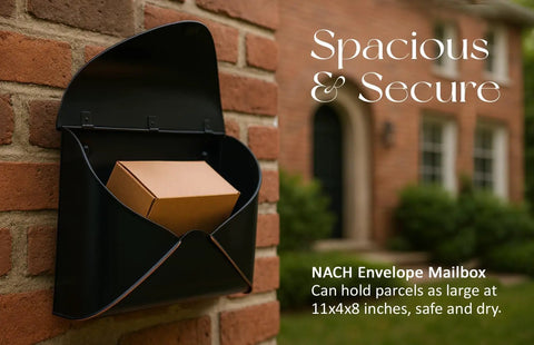 Built Tough Black Wall Mount Mailbox For Outdoor Use 12.5 X 5 X 10 Inch Weatherproof Envelope Mailbox open with package on brick wall