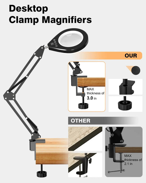 Illuminated 10X And 5X Magnifier With Dimmer Lamp, 10 Level Brightness shown with max clamp thickness of 3.0 inches