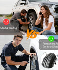 Comparison of stranded couple and mechanic fixing tire with 21 Piece Tire Repair Kit With Premium Spiral Screw In Plugs for vehicles