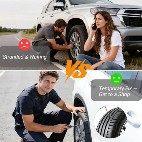 Comparison of stranded couple and mechanic fixing tire with 21 Piece Tire Repair Kit With Premium Spiral Screw In Plugs for vehicles