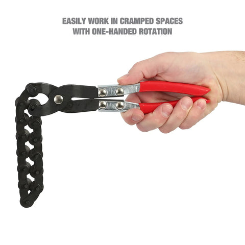 Hand holding Exhaust Pipe Cutter Chain Tool For Three Quarter Inch To Three And A Quarter Inch Pipes, cushioned red grip handles