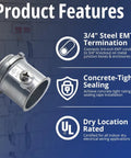 Built Tough 3/4 Inch Emt Set Screw Connector Heavy Gauge Zinc Die Cast concrete tight dust shield features visual overview.