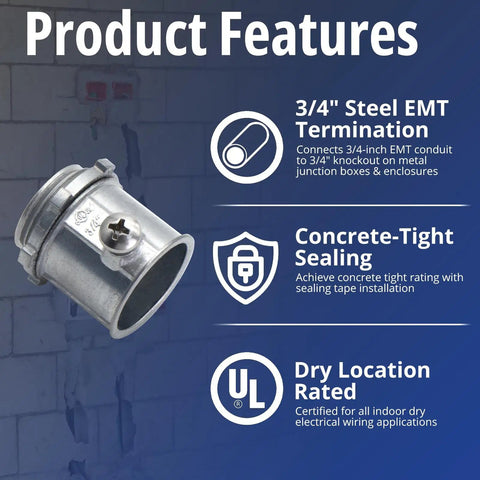 Built Tough 3/4 Inch Emt Set Screw Connector Heavy Gauge Zinc Die Cast concrete tight dust shield features visual overview.