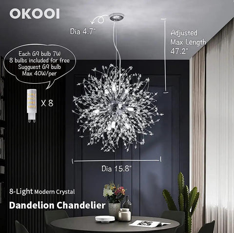 Eight Light Crystal Dandelion Chandelier Pendant Lights In Chrome Finish With Firework Design Over Dining Table